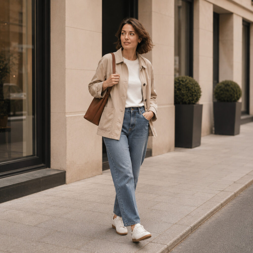 Женщина в повседневном городском образе у стильного фасада